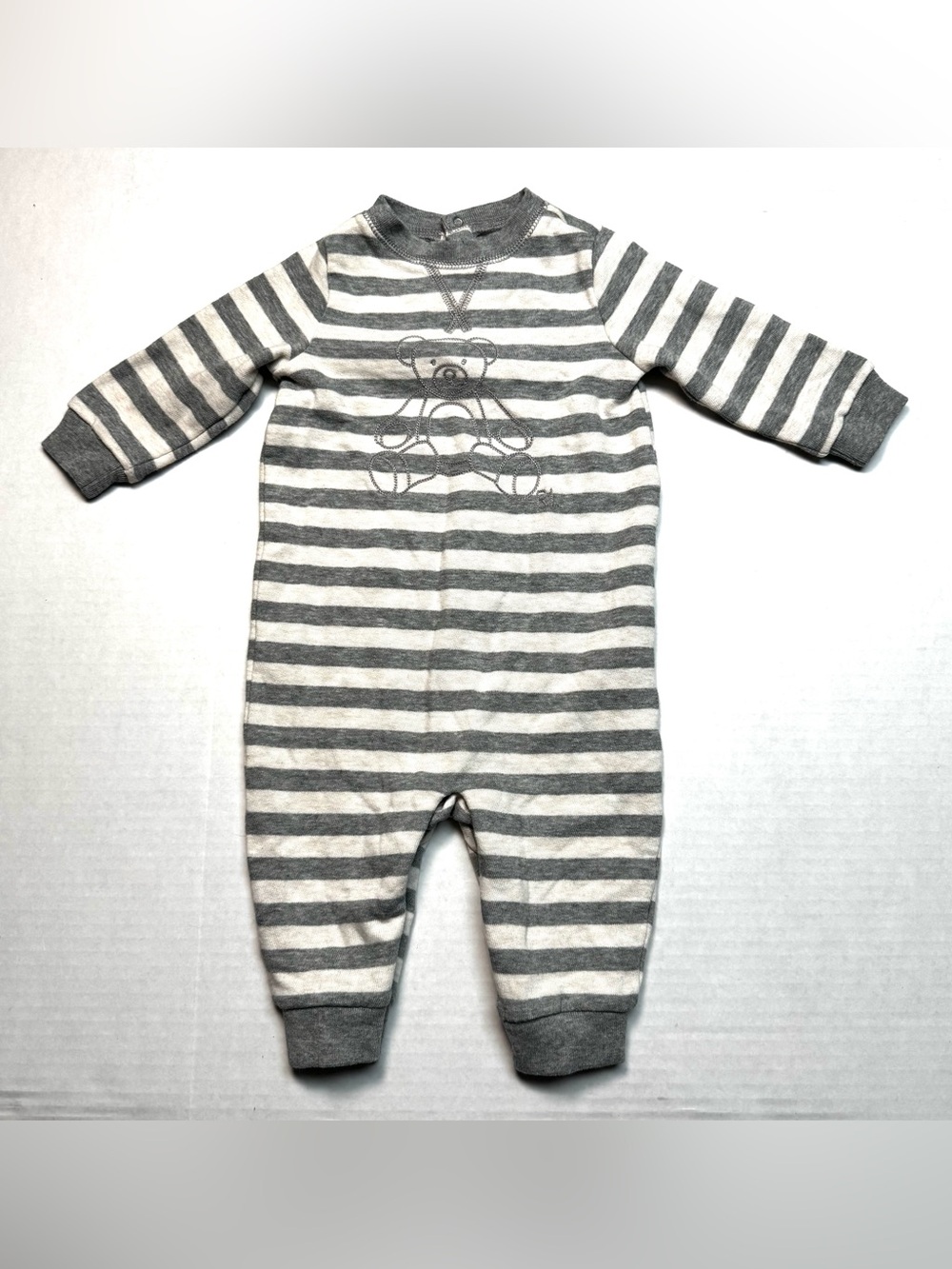 Ralph Lauren Gray Beige Stripe French Terry Coverall Embroidered Bear Size: 6M